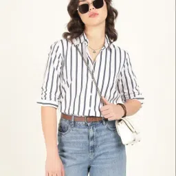 Hancock White & Navy Blue Cotton Striped Shirt-image-83