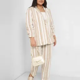 Honey Curvytude By Pantaloons Beige & White Cotton Regular Fit Striped Blazer image 5