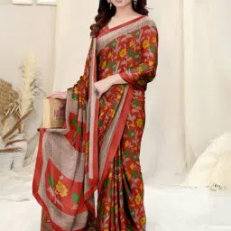 MIRCHI FASHION Red Floral Print Saree With Unstitched Blouse Piece image 4