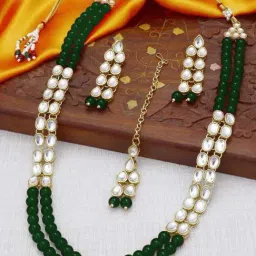 Peora Gold-Plated Kundan Beads Layered Long Necklace Earring Maang Tikka Jewellery Set-picture-46