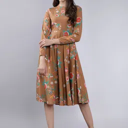 Tokyo Talkies Women Brown Printed Fit and Flare Dress-picture-25