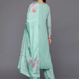 Libas Women Turquoise Blue Floral Embroidered Thread Work Kurta with Trousers & With Dupatta image 4