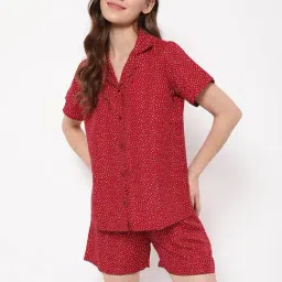 Clovia Maroon Printed Shirt With Shorts-picture-28
