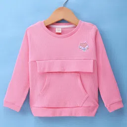 Olio Kids Cotton Knit Full Sleeves Winter Wear T-Shirt With Kangaroo Pocket & Animal Patch - Pink-picture-28
