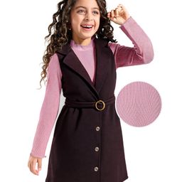 Hola Bonita Knit Full Sleeves Knee Length Dungaree Dress With Full Sleeve Inner Top - Brown & Pink-picture-14
