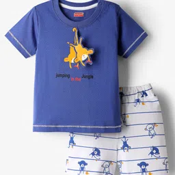 Babyhug Interlock Knit Half Sleeves T-Shirt & Shorts Set with Stripes & Animal Applique - Blue-picture-21