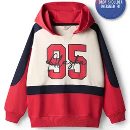 Primo Gino 100% Cotton French Terry Full Sleeves Drop Shoulder Colour Block Hooded Sweatshirt with Front & Back Text Print - Multicolor-image-38