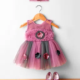 Enfance Sleeveless Floral Applique Detailed & Colour Blocked Knee Length Dress With Headband & Booties Set - Mauve-picture-10