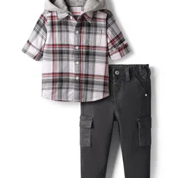 Babyhug Cotton Woven Full Sleeves Checkered Hooded Shirt & Trouser Set - Back & Grey image 1