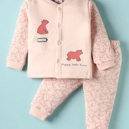 Ollypop Fleece Knit Full Sleeves Bear Printed Front Open Winter Night Suit - Baby Pink-picture-32