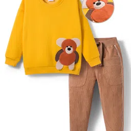 Mark & Mia Fleece Knit Full Sleeves Oversize Winter Wear Sweatshirt & Joggers Set with Bear Applique - Yellow & Brown-picture-13