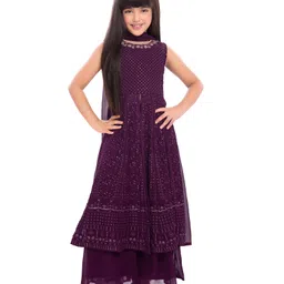 Tiny Kingdom Georgette Woven Sleeveless Floral Embroidered Sequins Embellished Kurti & Palazzo With Dupatta Set - Wine-image-75