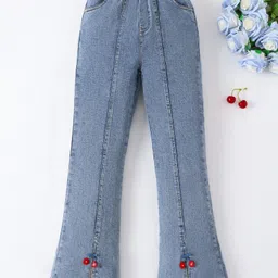 Mark & Mia Full Length Washed Flared Jeans With Floral & Cherry Applique - Blue-picture-10