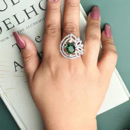 DIVASTRI Rhodium-Plated White and Green CZ Studded American Diamond Adjustable Ring-image-18