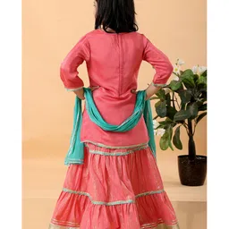 MASTARANG Woven Three Fourth Sleeves Floral Embroidered & Gota Lace Embellished Kurta & Lehenga With Dupatta Set - Coral image 3