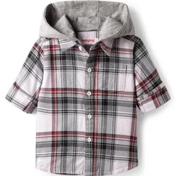Babyhug Cotton Woven Full Sleeves Checkered Hooded Shirt & Trouser Set - Back & Grey image 2