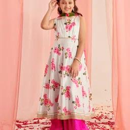 Pspeaches Silk Blend Sleeveless Floral Printed & Gotta Patti Embellished Kurta With Palazzos & Dupatta - White & Pink image 4
