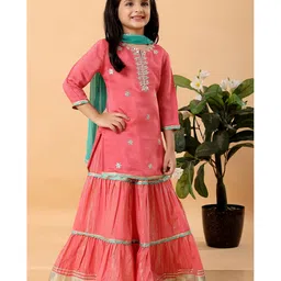 MASTARANG Woven Three Fourth Sleeves Floral Embroidered & Gota Lace Embellished Kurta & Lehenga With Dupatta Set - Coral image 4