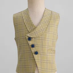 Rikidoos Full Sleeves Checked 3 Piece Party Suit With Bow Set - Khaki & Navy Blue image 4