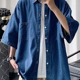 LAUREN ADAMS Denim Spread Collar Drop Shoulder Sleeves Relaxed Casual Shirt-picture-37