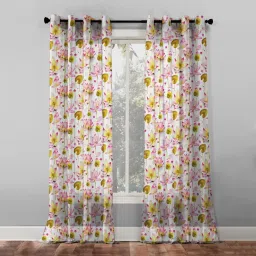 SPACES DRAPE STORY Elegent Floral Mustard Yellow & Pink Polyester 7 ft Door Curtains - Set of 2 image 1