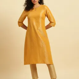W Yellow Woven Pattern Straight Kurta image 1