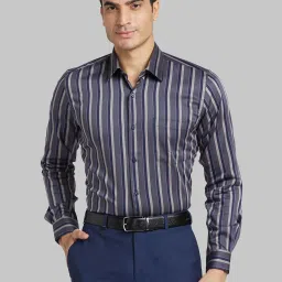 Raymond Grey Cotton Regular Fit Striped Shirt image 1