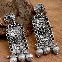 Karatcart Oxidized Silver Floral Black Stone Drop Earrings for Women-image-80