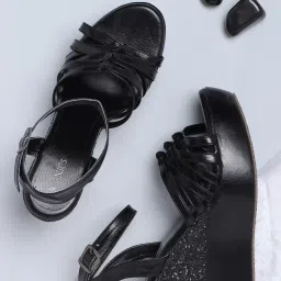 Iconics Women's Black Ankle Strap Wedges image 1