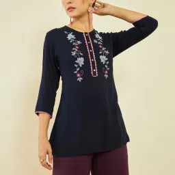 Soch Navy Blue Crepe Floral ThreadWork Embroidered Round-Neck Tunic image 1