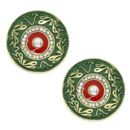OOMPH Green Meenakari & Kundan Large Ethnic Stud Earrings For Women image 2