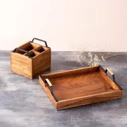 Nestroots Brown Teak Wood Tray & Cutlery Holder Set-image-22