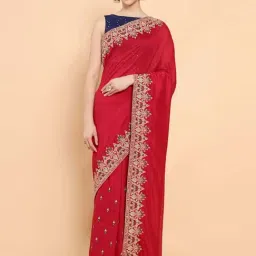 Soch Red Cotton Embroidered Saree With Unstitched Blouse-image-1