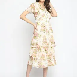 Latin Quarters Beige Floral Print A Line Dress-image-50