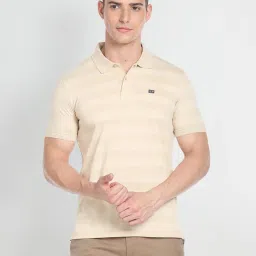 Arrow Sport Beige Cotton Regular Fit Striped Polo T-Shirt image 1
