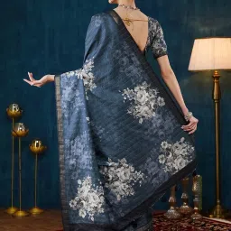 Satrani Navy Blue Silk Blend Printed Saree With Unstitched Blouse image 2
