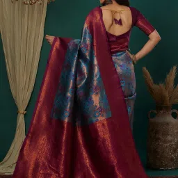 Satrani Blue Silk Blend Woven Saree With Unstitched Blouse image 2