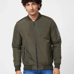 Spykar Olive Puffer Jacket With Sleeve & Zipper Pocket Printed Detail image 1