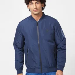 Spykar Navy Puffer Jacket With Sleeve & Zipper Pocket Printed Detail image 1