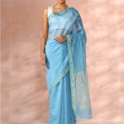 Taneira Blue Cotton Silk Woven Saree With Unstitched Blouse image 1