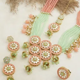 Zaveri Pearls Green Peach Meenakari Kundan Necklace Earring Maangtikka & Ring Set-ZPFK13188 image 1