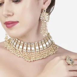 Zaveri Pearls Gold Tone Kundan Pearls Tassel Chain Drops Choker Necklace Earring Ring Set-ZPFK13198 image 1