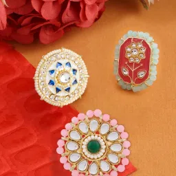 Zaveri Pearls Set of 3 Multicolor Meenakari Floral Ethnic Kundan Rings-ZPFK14512 image 1