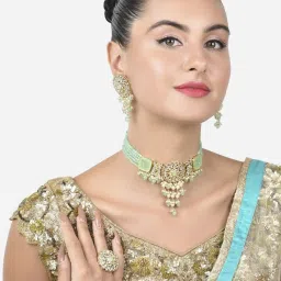 Zaveri Pearls Green Multistrand Beaded Kundan Choker Necklace Earring & Ring Set-ZPFK15193 image 1