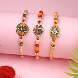 Aapno Rajasthan Set of 3 Beaded Thread Rakhis with Roli Chawal & Greetings Card-picture-58
