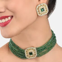 Zaveri Pearls Green Multistrand Crystal Beads Choker Necklace & Earring Set-ZPFK10240 image 1