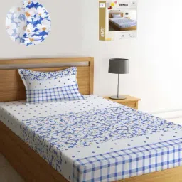 Klotthe White & Blue 300 TC Polycotton Single Elastic Book Fold Bedsheet with Pillow Cover-picture-21
