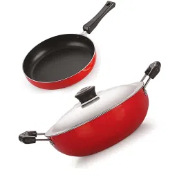 Nirlon Non-Stick Red Aluminium Dishwasher Safe Fry Pan & Deep Kadai Cookware Combo Set 2.6mm image 1