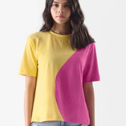 The Souled Store Yellow & Pink Cotton Color-Block T-Shirt image 1