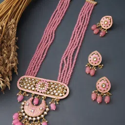 Zaveri Pearls Pink Meenakari Multistrand Beaded Kundan Bridal Necklace Earring & Ring Set-ZPFK13642 image 1